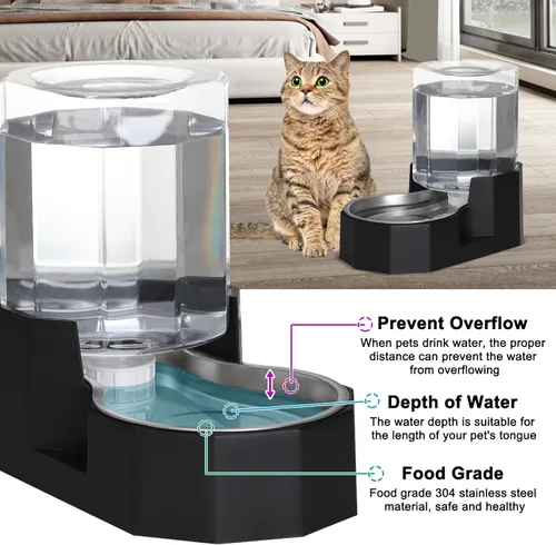Miniatura 5 de Sfozstra - Dispensador de cuenco de agua por gravedad: comedero automático de 5L en acero inoxidable negro para gatos con cepillo especializado