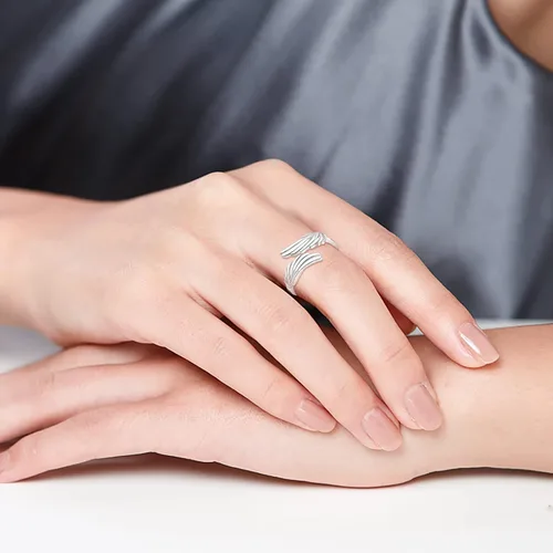 Miniatura 2 de YLT Anillo de plata de ley 925 con alas de ángel con plumas y plumas ajustables y delicadas, anillos abiertos para el pulgar para mujeres y niñas