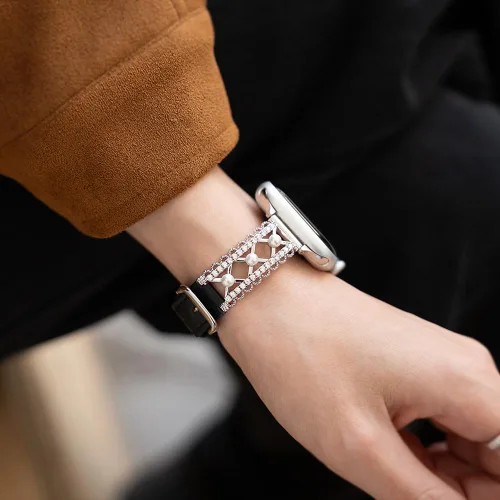 Miniatura 7 de Correa de cuero genuino y joyería para Apple Watch para mujer, elegante pulsera de perlas con circonitas laterales brillantes, correa de iWatch