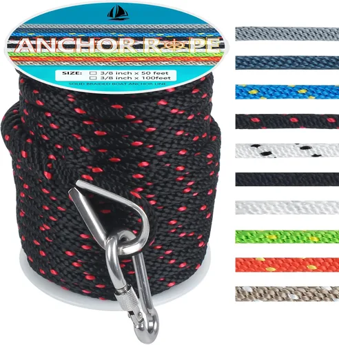 Miniatura 45 de Cuerda de anclaje de 3/8 de pulgada y 100 pies, cuerda de anclaje para barco, trenza sólida MFP, línea de anclaje con dedal de acero inoxidable 316