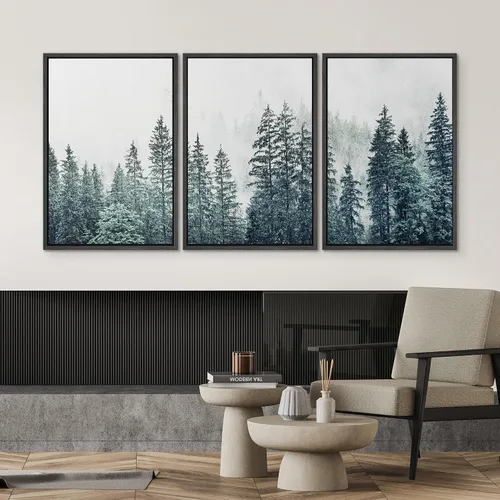 Miniatura 2 de SIGNWIN - 3 cuadros en lienzo enmarcados, modernos, elegantes, de textura de grano, pinos de montaña con niebla y naturaleza silvestre para sala