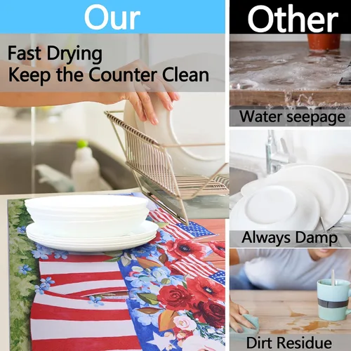 Miniatura 5 de Alfombrilla de secado de platos con bandera estadounidense del 4 de julio, almohadilla seca de silicona absorbente para cafetera, estante de platos