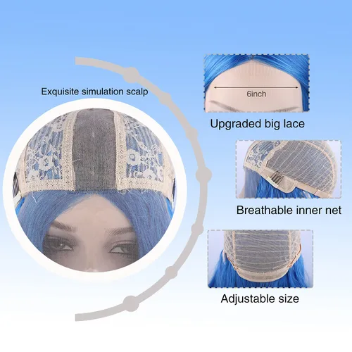 Miniatura 6 de Peluca azul larga natural ondulada sintética de fibra resistente al calor, peluca azul con ondas de agua para Halloween, cosplay, fiesta diaria Azul