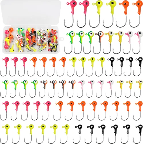 Kit de ganchos para cabeza de plantilla de pesca, 69/70 piezas de bolas redondas de crappie cabezas señuelos de pesca pintados surtidos señuelos de