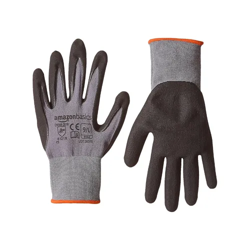 Miniatura 8 de Amazon Basics Guantes con revestimiento de nitrilo de microespuma, fibra de forro de nailon, pantalla táctil, gris, talla 7 (S), paquete de 6