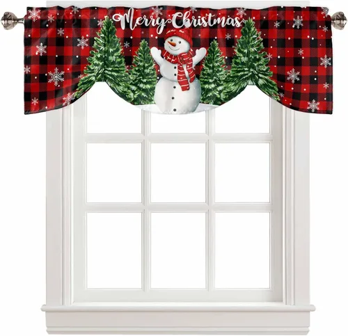 Miniatura 30 de Cenefa de cortina con lazo rojo de Navidad para ventanas, sala de estar, cocina, baño, granja, bolas de Navidad de acuarela con diseño de bayas