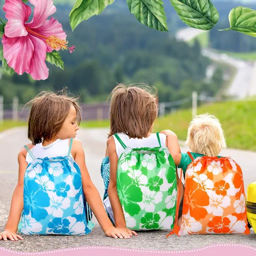 Miniatura 5 de Teling - 14 mochilas de hibisco, bolsas de recuerdos de fiesta con temática hawaiana con cordón Tiki Luau Treat Hawaii, bolsa de regalo tropical