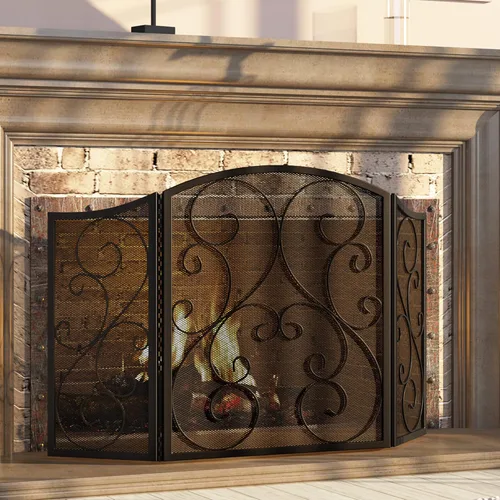 Miniatura 2 de Pantalla para chimenea Fire Beauty de 3 paneles, hierro forjado de metal, 121,9 cm (L) x 76,2 cm (H), cubierta protectora contra chispas (negro)