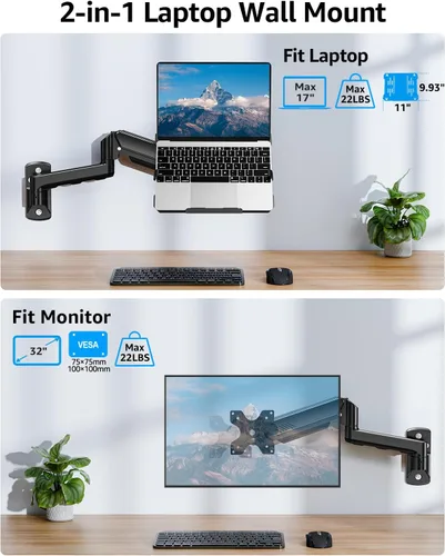 Miniatura 2 de MOUNTUP Soporte de pared para laptop, soporte ajustable para laptop de máximo 17" notebook o monitor máximo de 32", soporte de pared para laptop