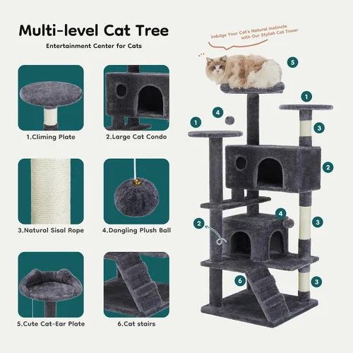 Miniatura 3 de DUMOS Torre de árbol para gatos de interior de 54 pulgadas, casa de mascotas de varios niveles para gatos grandes con 2 condominios, postes Azul