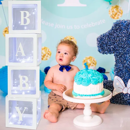 Miniatura 5 de Sratte Caja de globos con letras y números, cajas de bloques transparentes con luces LED para decoración de fiesta de ducha, cumpleaños, boda, Blanco