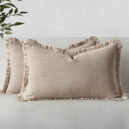 Miniatura 14 de MIULEE Juego de 2 fundas de almohada decorativas de lino neutro con flecos, fundas de cojín de estilo bohemio con borlas para sofá, cama, sala