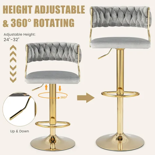 Miniatura 4 de Giantex Juego de 2 taburetes de bar giratorios de altura ajustable, taburetes de bar de terciopelo con respaldo abierto con elegante respaldo