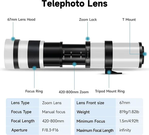 Miniatura 5 de JINTU 420-1600mm F/8.3 Lente de Zoom Telefoto Enfoque Manual para Lentes de Montura EF de Canon 4000D 2000D 1200D T8i T7 T7i T6 T6s T6i T5 T5i 80D