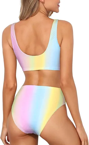 Miniatura 2 de Tempt Me Bikini de dos piezas con cuello redondo para mujer, traje de baño de corte alto, traje de baño deportivo de cintura alta con parte inferior