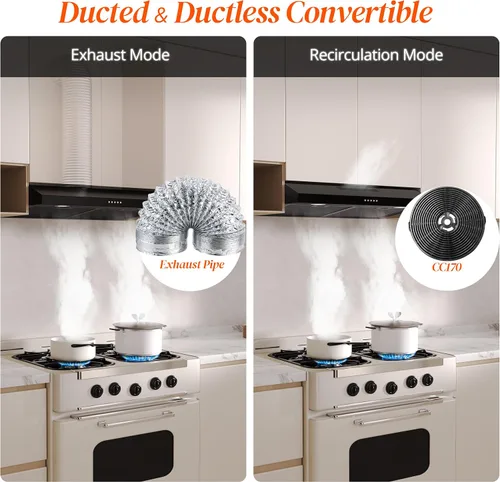 Miniatura 7 de FIREGAS Campana de Ventilación Negra de 30 Pulgadas para Debajo del Gabinete, Campana de Cocina Convertible con y sin Conductos, 300 CFM, Ventilador