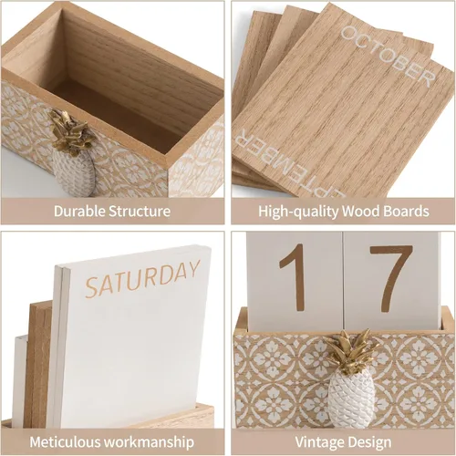 Miniatura 4 de Calendario de bloques para escritorio, calendario perpetuo de escritorio de madera, regalo diario, bloques de madera vintage para el hogar, granja