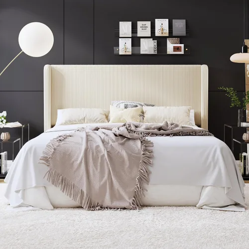 Miniatura 19 de SHA CERLIN - Base de cama tamaño Full tapizada en pana con plataforma y cabecera acolchada con diseño acanalado vertical estilo wingback, 8