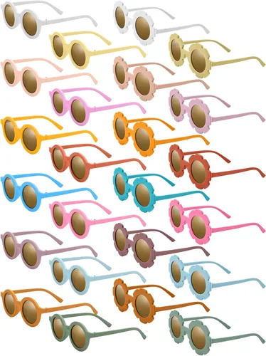 Dunzy 24 pares de lentes de sol redondos de flores y retro redondos para niños, gafas de girasol para exteriores, playa, deportes
