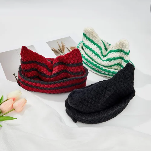 Miniatura 7 de Century Star Gorros de ganchillo para mujer, gorro de gato, gorro de invierno cálido de punto a rayas, accesorios de gorra Y2K, gorros holgados