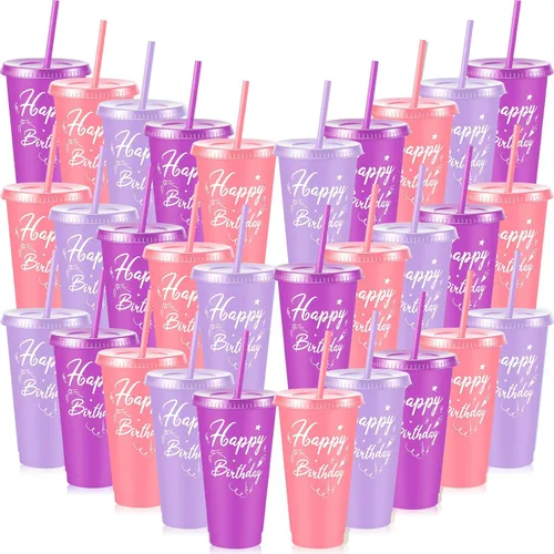 Uiifan 30 vasos de cumpleaños a granel con tapas y pajitas, vasos reutilizables de color morado y rosa para regalos de fiesta, regalos de devolución