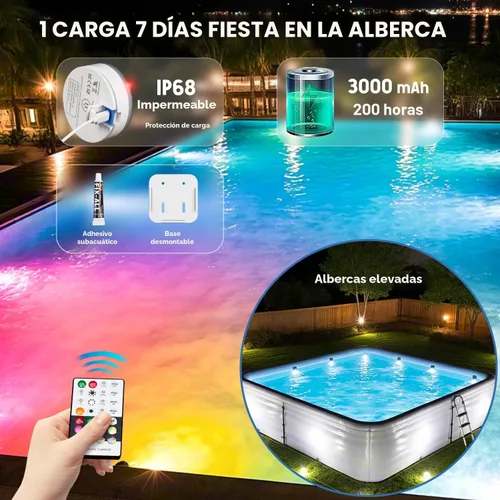Miniatura 4 de Luces de piscina sumergibles para piscinas sobre el suelo y enterradas con temporizador remoto de apagado, luces LED magnéticas RGB sumergibles