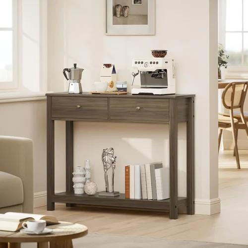 Miniatura 6 de Gizoon - Mesa de consola con 2 cajones, mesa de entrada de 2 niveles de madera con estantes de almacenamiento, mesa de sofá de 39" de ancho