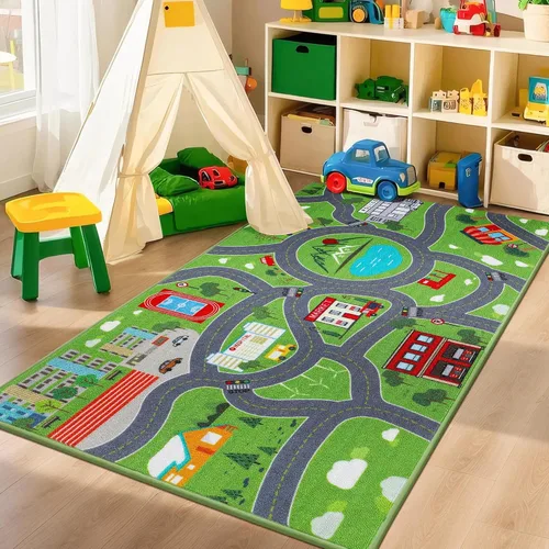 Miniatura 2 de BEQHAUSE Alfombra de juego para niños, alfombra de tráfico de ciudad verde, ideal para jugar con autos, alfombra de área de juegos de 32 x 60