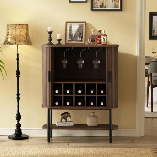 Miniatura 10 de FiveWillowise Gabinete de Bar de Café Negro con Almacenamiento, Gabinete de Licores y Vinos Acanalado con Puertas Corredizas, Portavasos