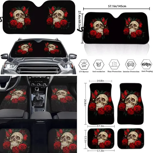 Miniatura 3 de Juego de 13 piezas de accesorios de automóvil de calavera con rosa roja, incluye fundas de asiento delantero y trasero, parabrisas de automóvil