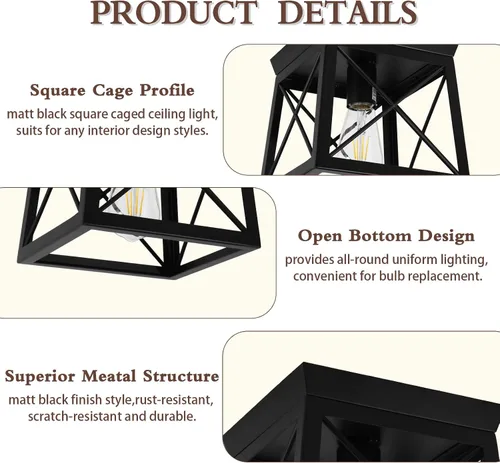 Miniatura 3 de 1 Light Black Industrial Flush Mount Ceiling Light Fixture - Square Farmhouse Caged Ceiling Light for Closet Kitchen Hallway Porch, E26, Dimmable