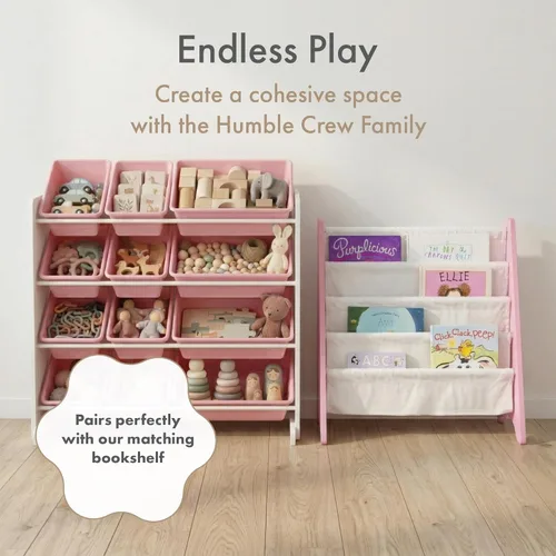 Miniatura 8 de Humble Crew Organizador de almacenamiento de juguetes para niños con 12 cubos de plástico, blanco/rosa, contenedores extraíbles para sala