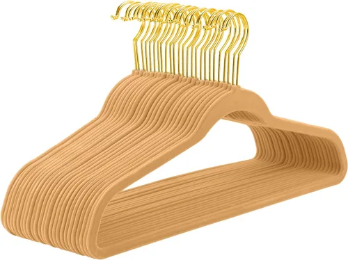 MIZGI Perchas de terciopelo de camello, paquete de 60 perchas, perchas de oro premium para ropa, antideslizantes, perchas de fieltro, perchas
