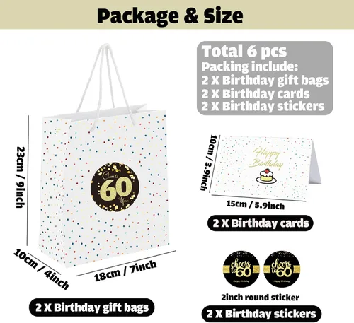 Miniatura 2 de Sumerk 60 bolsas de regalo para cumpleaños 60 - Paquete de 2, incluye 2 tarjetas y 2 hojas de calcomanías
