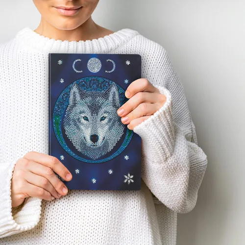 Miniatura 4 de Crystal Art Cuaderno de pintura de diamantes, lobo lunar, crea una cubierta brillante con cristales, para edades de 8 años en adelante