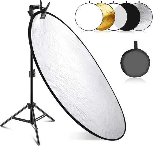 NEEWER Kit de reflector de luz de 43"/110cm, reflector redondo plegable 5 en 1 (translúcido/plata/oro/blanco/negro), abrazadera de metal y soporte