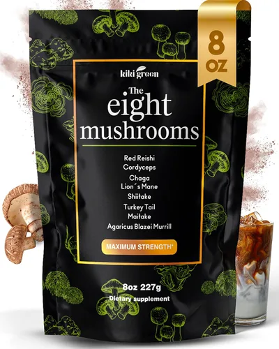 KIKI Green Extracto de 8 hongos en polvo, mezcla de suplemento de 8 onzas, melena de león, reishi, chaga, cordyceps, maitake, shiitake, para