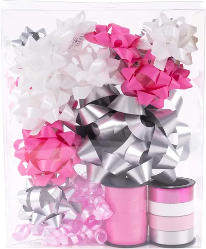 Miniatura 4 de WRAPAHOLIC Surtido de 19 lazos de regalo, 16 lazos de regalo de varios colores (rosa, blanco, plateado), 2 cintas rizadoras prensadas, 1 lazo rizado