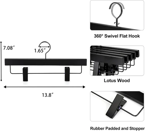 Miniatura 4 de TOPIA HANGER Perchas de madera negra para pantalones, perchas de falda de madera con clips, percha de lujo para jeans con gancho plano anti-óxido