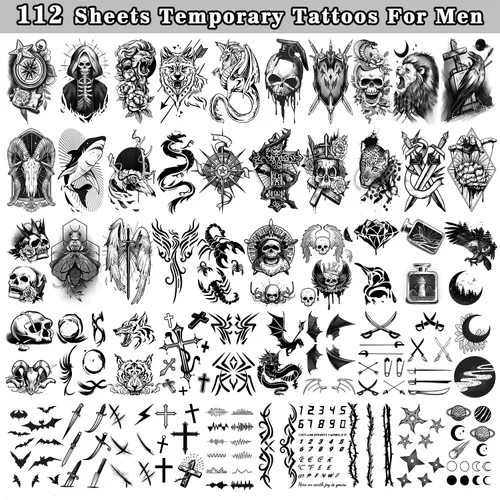 Miniatura 6 de Cerlaza 112 hojas de tatuajes temporales para hombres adultos, tatuajes falsos para cuello, brazo, dedo, tatuajes temporales, tigre, lobo, león