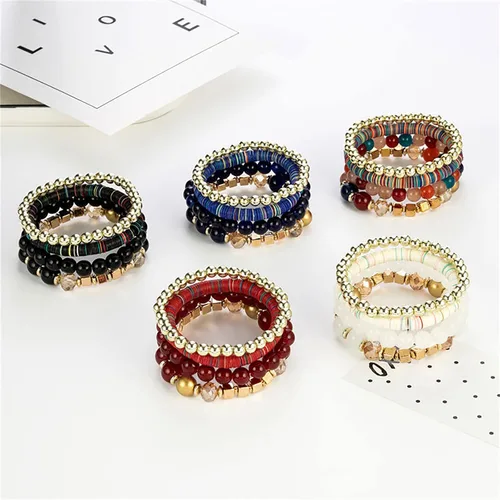 Miniatura 6 de Pulseras apilables de cuentas para hombre y mujer juego de pulseras elásticas multicapa joyería multicolor reloj de correa de cuero para hombre
