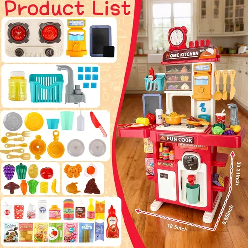 Miniatura 4 de Juego de cocina de juguete mejorado para niños y niñas, juego de mini cocina con fregadero de rociado y iluminación realista, juguetes de cocina Rojo