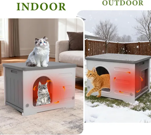 Miniatura 9 de Casa impermeable para gatos al aire libre, casa de plástico para gatos con puerta de escape y alfombrilla suave, refugio grande para gatos