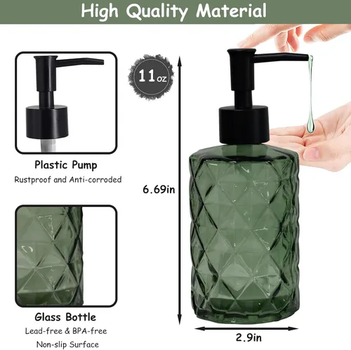 Miniatura 2 de Dispensador de jabón de vidrio verde con bomba de plástico negro, dispensador de jabón líquido para manos recargable de 12 oz, paquete de 2 botellas