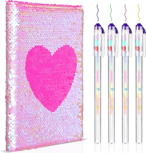 Outus Diario de San Valentín con lentejuelas para niñas, 4 unidades, con bolígrafos de tinta de gel de color, cuaderno con purpurina, diario de