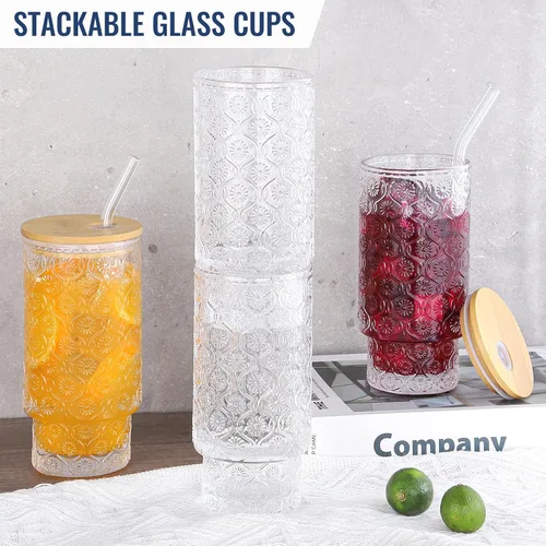 Miniatura 5 de Juego de 2 vasos de vidrio de 16 onzas, vasos de vidrio floral en relieve vintage, tazas de café helado con tapa, para whisky, cóctel, cerveza