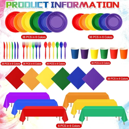 Miniatura 4 de Tegeme 258 piezas de suministros de fiesta arcoíris para 36 invitados, incluyen platos de papel coloridos, tazas, servilletas, tenedores