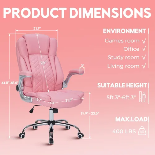 Miniatura 2 de Silla de oficina ejecutiva de 400 libras con reposabrazos abatibles, silla de computadora grande y alta para personas pesadas, silla ergonómica Rosa