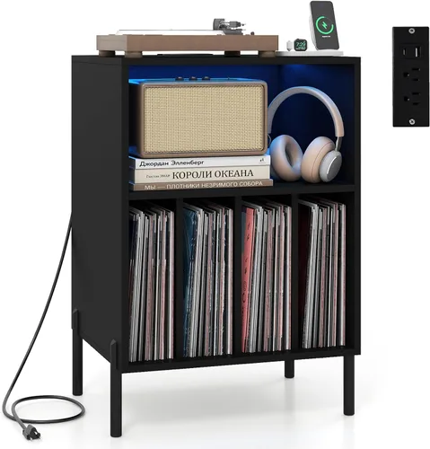 LOKO Soporte para tocadiscos con luces LED, soporte para tocadiscos con estación de carga, soporte de almacenamiento de vinilo con patas de metal