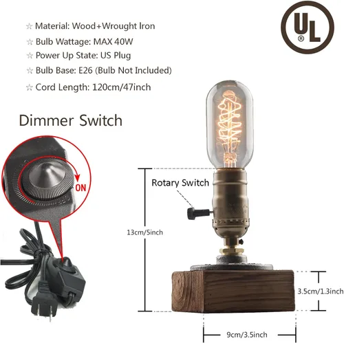 Miniatura 3 de Lámpara de mesa pequeña de madera Edison bombilla regulable lámpara de escritorio E26 60W luz nocturna industrial boho deco para dormitorio, sala